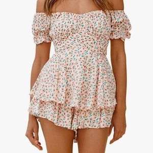 Women Boho Romper Off Shoulder Ruffle Chiffon Shorts Jumpsuit Playsuit
